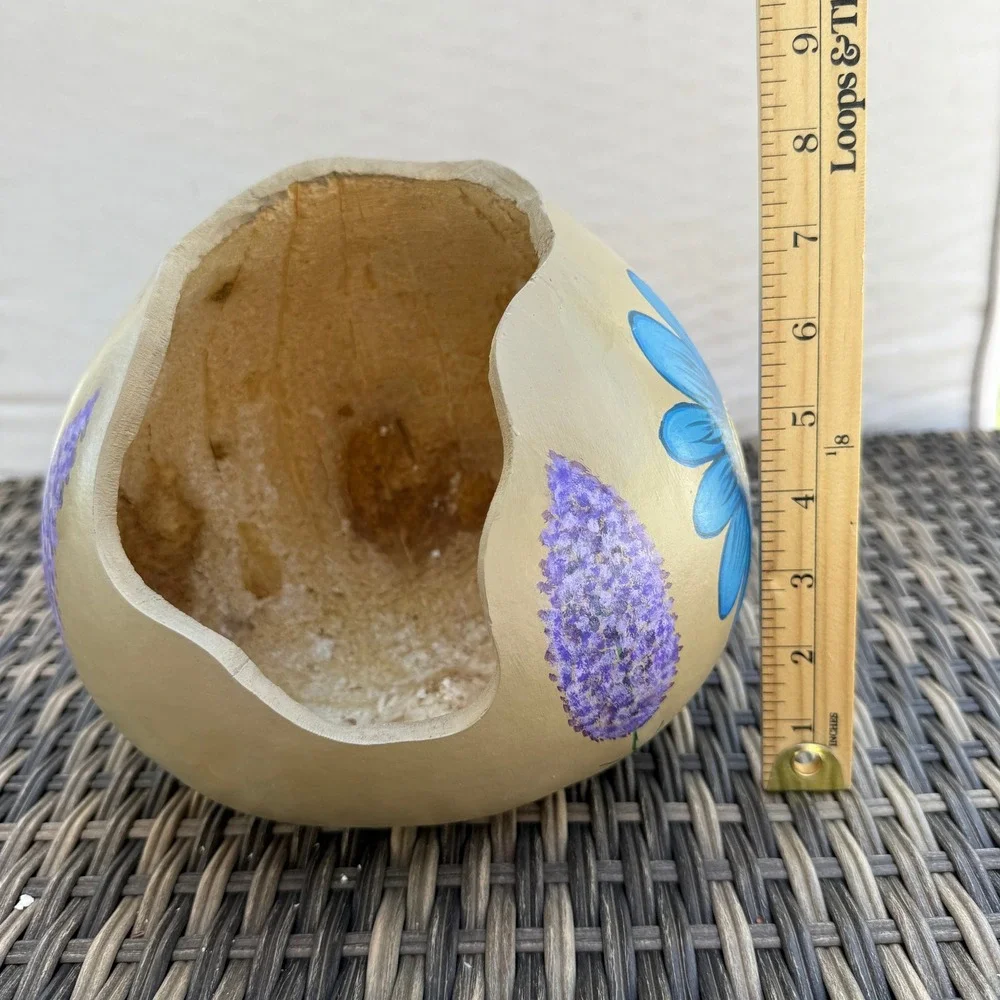 Hand Painted Gourd Bowl Floral Folk Art Rustic Boho Decor Natural Shell